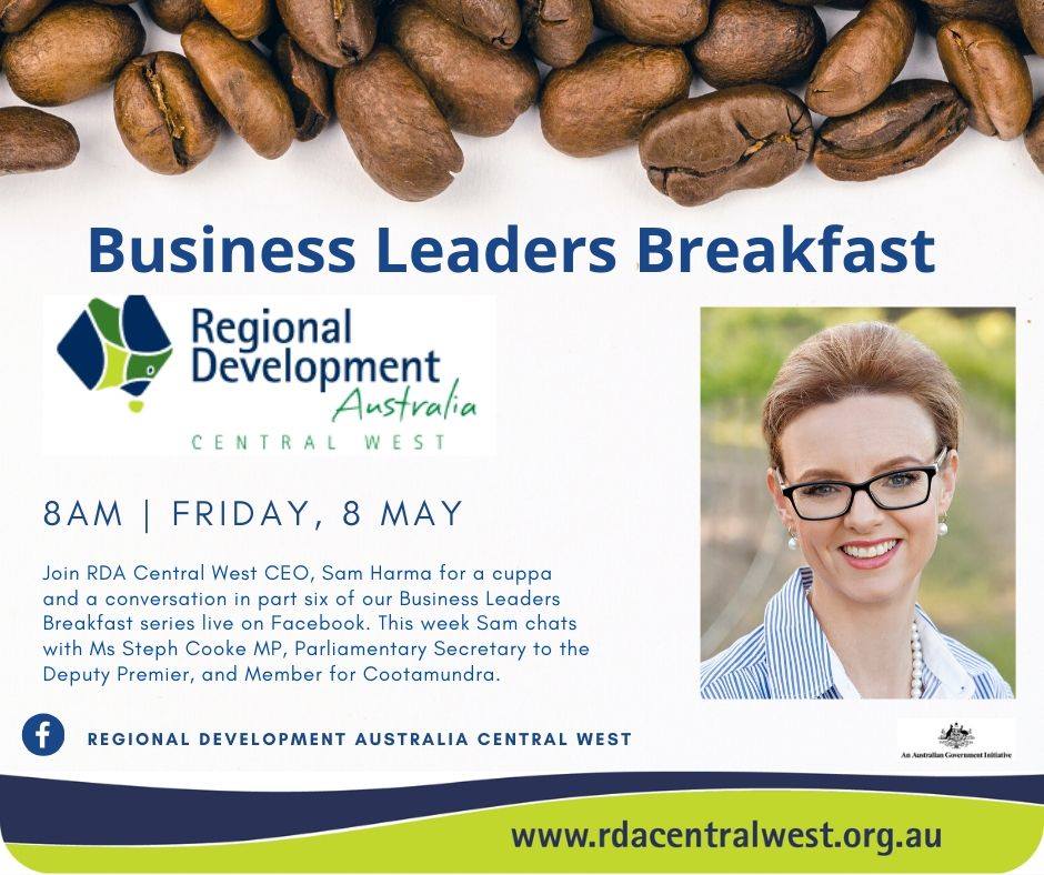A RDA poster advertising the Business leaders breakfast. Steph Cooke smiles at the camera.