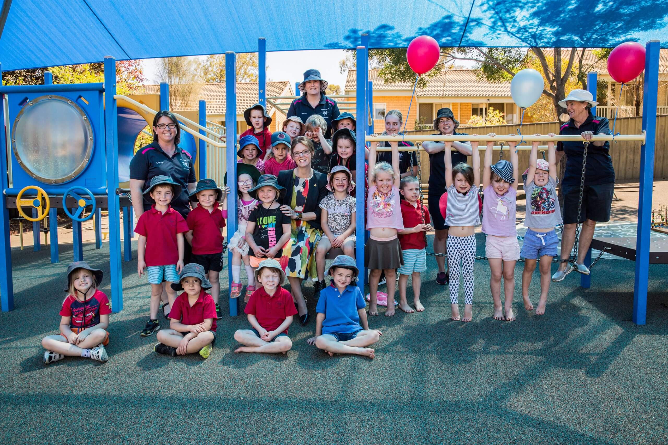 Member for Cootamundra Steph Cooke with a number of preschool students at Gundagai Preschool