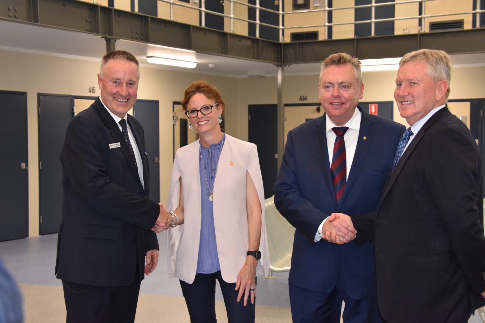 Congratulations all round from Scott Brideoak, General Manager of Junee Correctional Centre; Member for Cootamundra Steph Cooke; The Hon. Anthony Roberts, Minister for Counter Terrorism and Corrections and Pieter Bezuidenhout, Managing Director, The GEO Group Australia